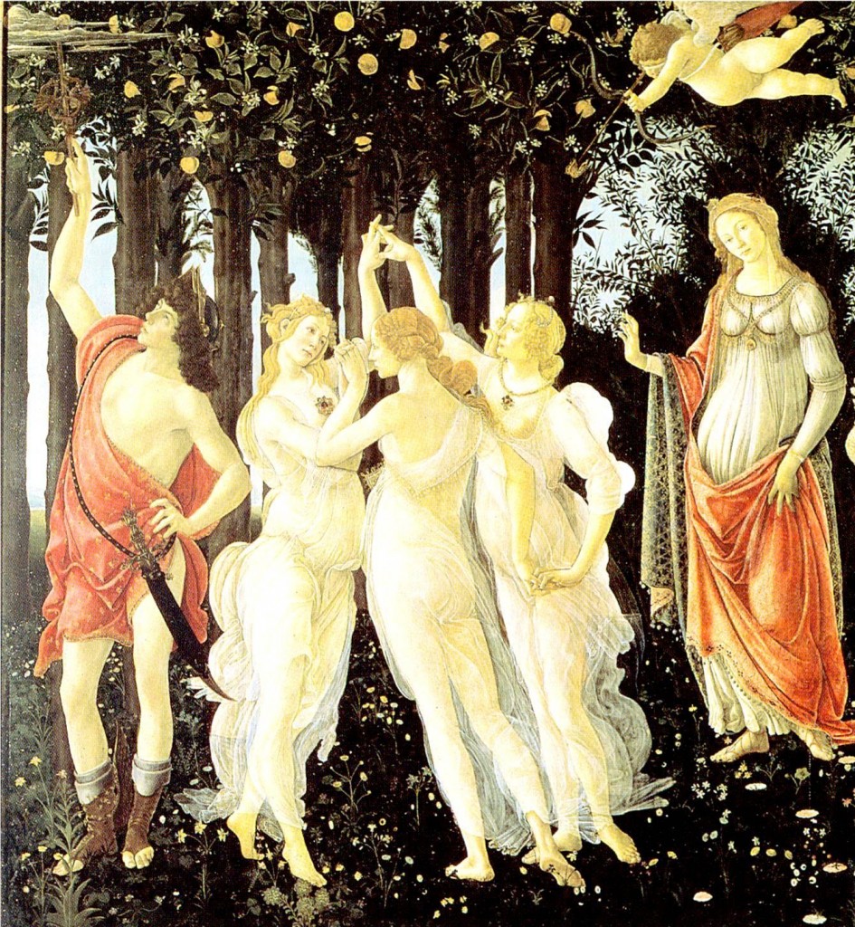 Юнак, (його) Венера, (її) Купідон і три Грації: фрагмент картини Сандро Боттічеллі "Весна" (бл.1478).  "А що означає цей хоровод сплетених рук, який сам на себе повертається? А те, що порядок благодаріння [Graciae] з рук до рук повертається зрештою на дарителя і що все пропаде, коли його порушити: він найпрекрасніший, якщо творить один неперервний ланцюг." Сенека, “Про благодаріння” (Seneca. De beneficiis, I.3)